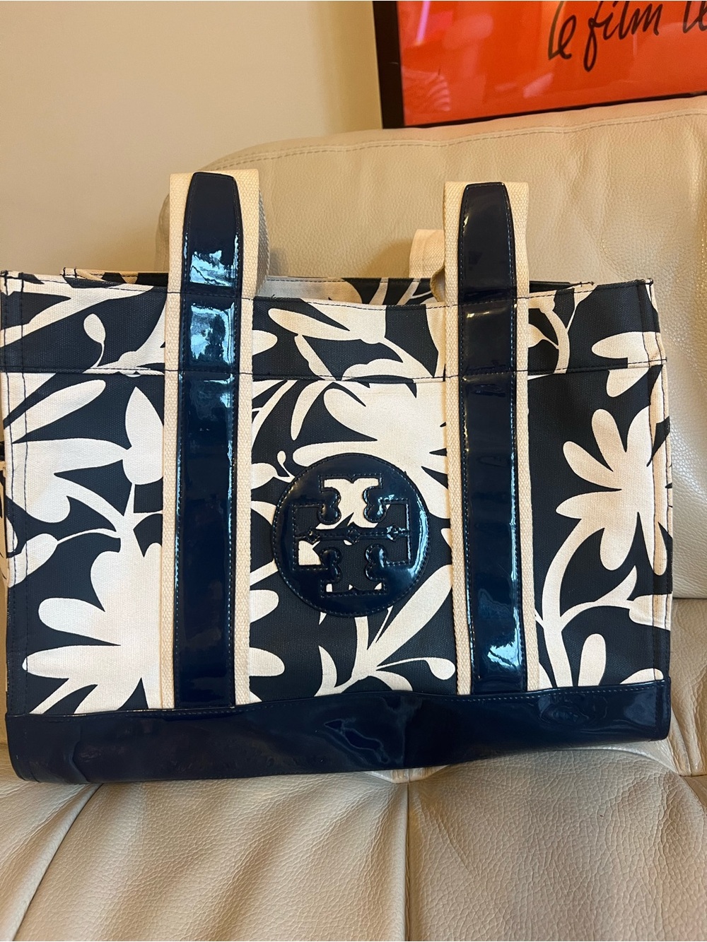 Tory Burch Navy and White Floral Patent-Trim Tote